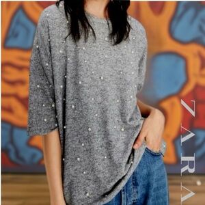 Zara Heather Gray Pearl Studded Short Sleeve Sweater